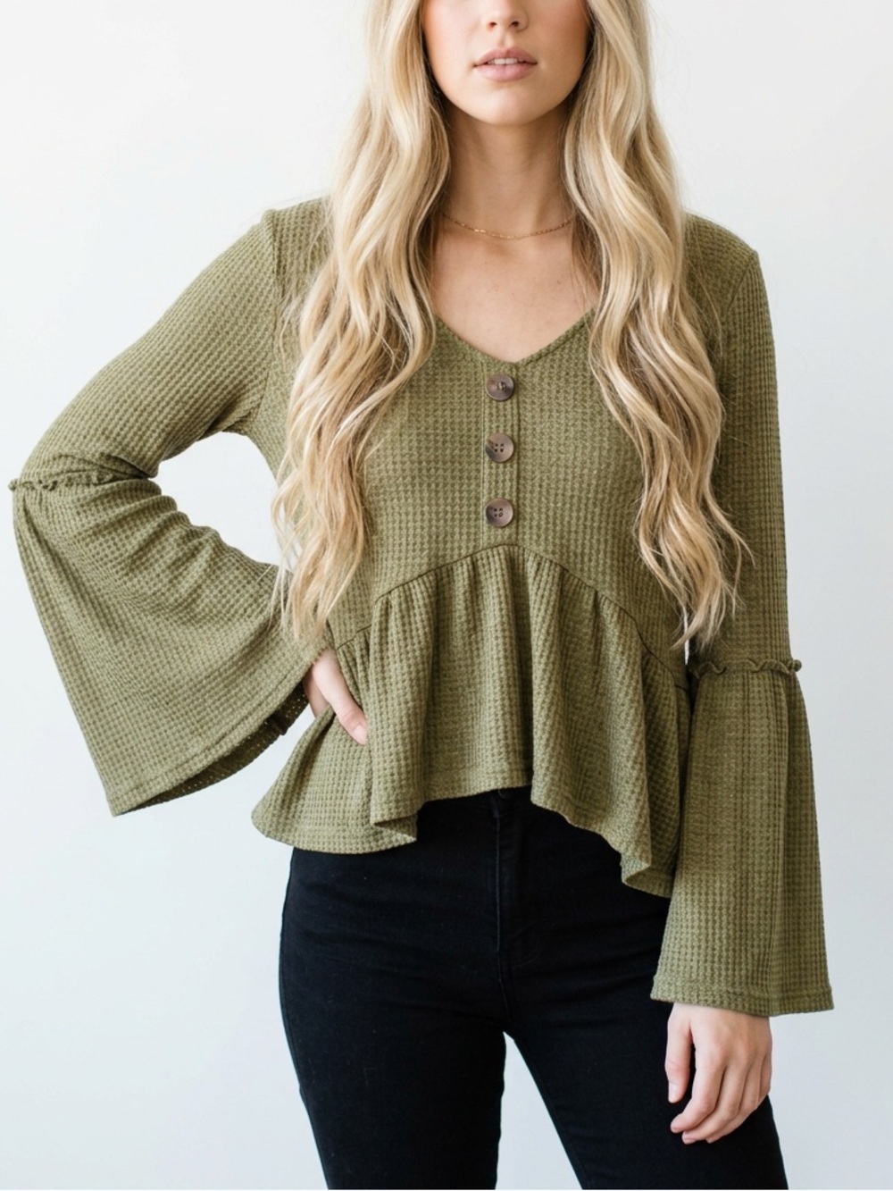 Bohemian whimsical fairycore waffle knit long-sleeved peplum top bell sleeve